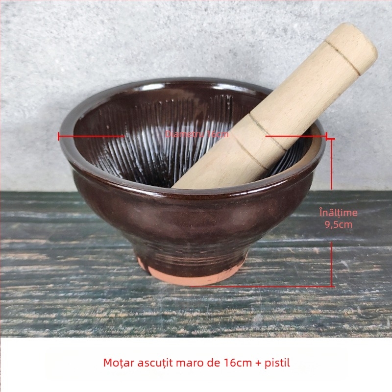 Mojar din lut cu pistil, extra-large, pentru uz casnic; potrivit pentru măcinarea usturoiului, ardeilor iuți, ceaiului și pastelor de orez