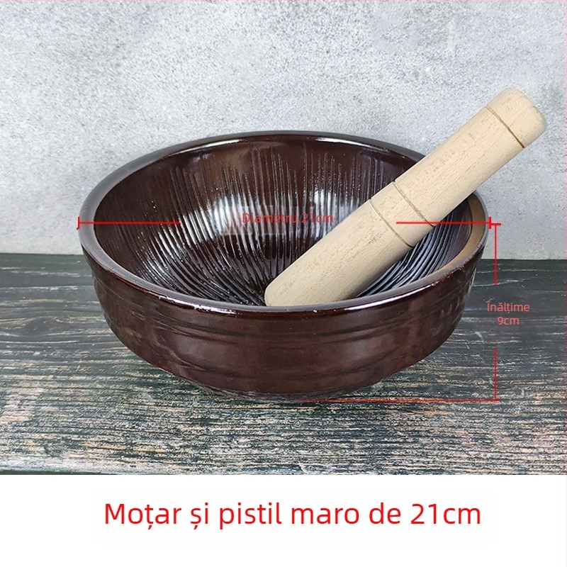 Mojar din lut cu pistil, extra-large, pentru uz casnic; potrivit pentru măcinarea usturoiului, ardeilor iuți, ceaiului și pastelor de orez