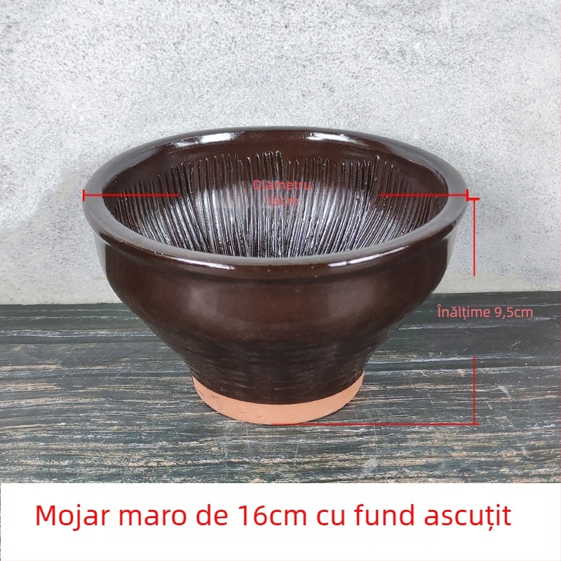 Mojar din lut cu pistil, extra-large, pentru uz casnic; potrivit pentru măcinarea usturoiului, ardeilor iuți, ceaiului și pastelor de orez