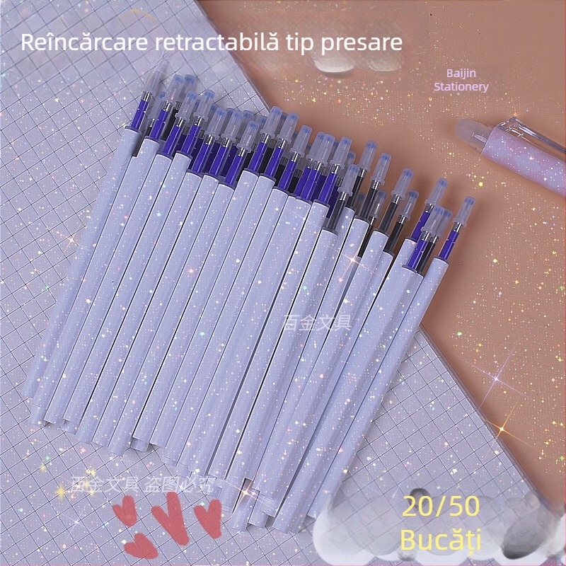 Refill de pix ștergător cu mecanism de apăsare, albastru cristal și negru cărbune, 20/50 bucăți, MoEasy refill ștergător pentru elevi din învățământ primar