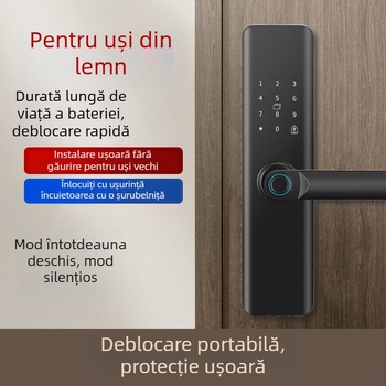 Încuietoare biometrică pentru ușă de interior din lemn, fără găuri de montaj, pentru case, apartamente și locații de cazare, cu parolă și funcție smart