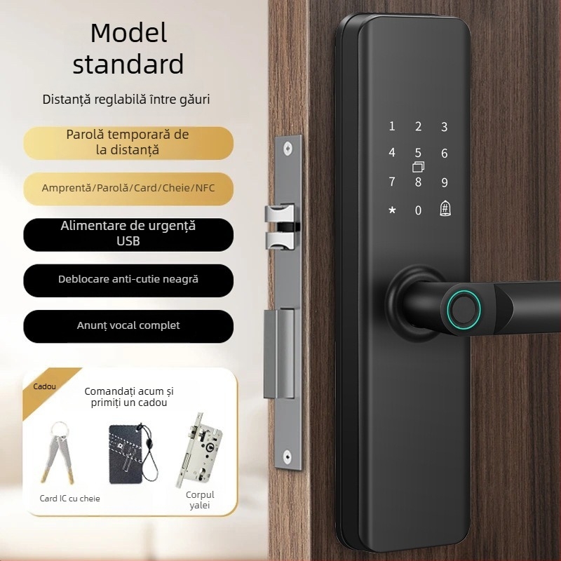 Încuietoare biometrică pentru ușă de interior din lemn, fără găuri de montaj, pentru case, apartamente și locații de cazare, cu parolă și funcție smart