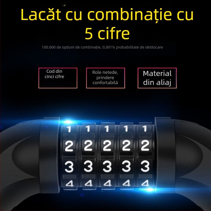 Lacăt cu lanț cu cinci cifre, lanț din oțel mangan gros, pentru biciclete și motociclete
