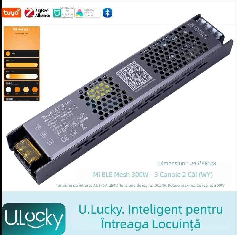 Controler LED pentru bandă cu 2 canale, transformator integrat de 220V și sursă de alimentare cu comutare, control prin aplicație