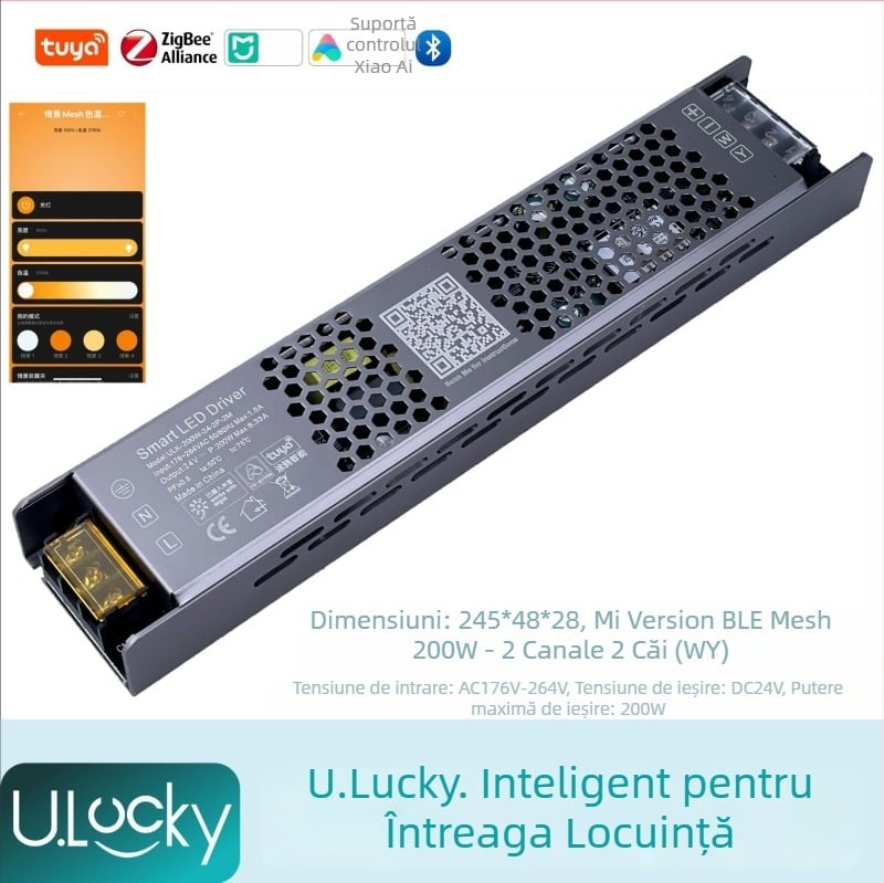 Controler LED pentru bandă cu 2 canale, transformator integrat de 220V și sursă de alimentare cu comutare, control prin aplicație