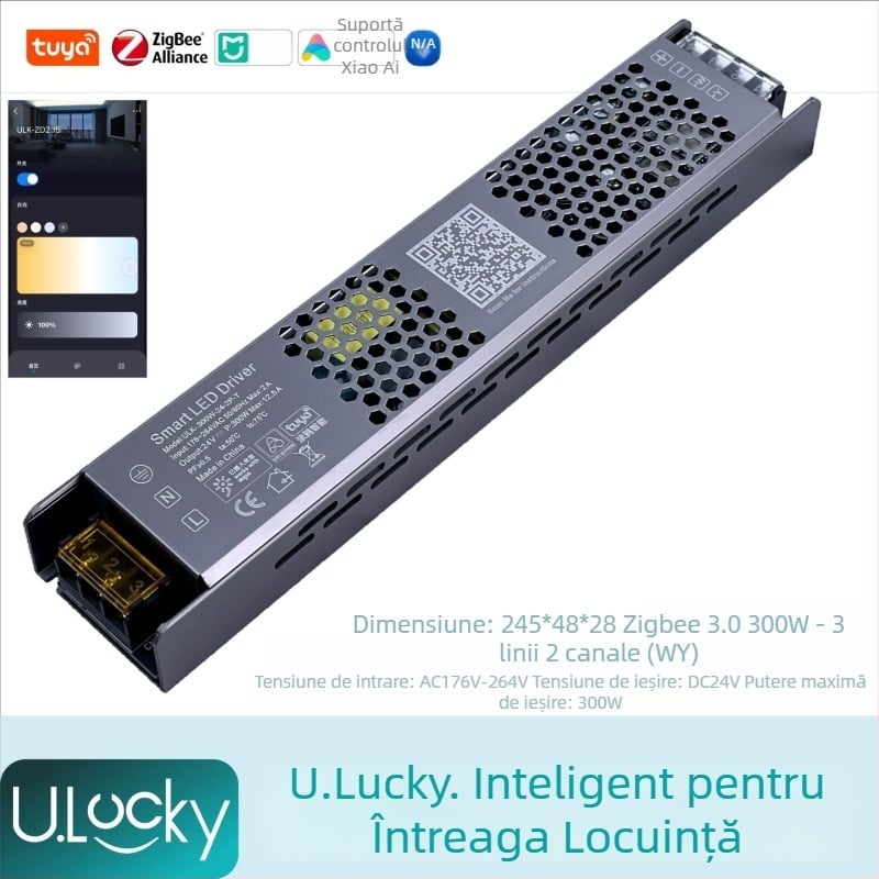 Controler LED pentru bandă cu 2 canale, transformator integrat de 220V și sursă de alimentare cu comutare, control prin aplicație