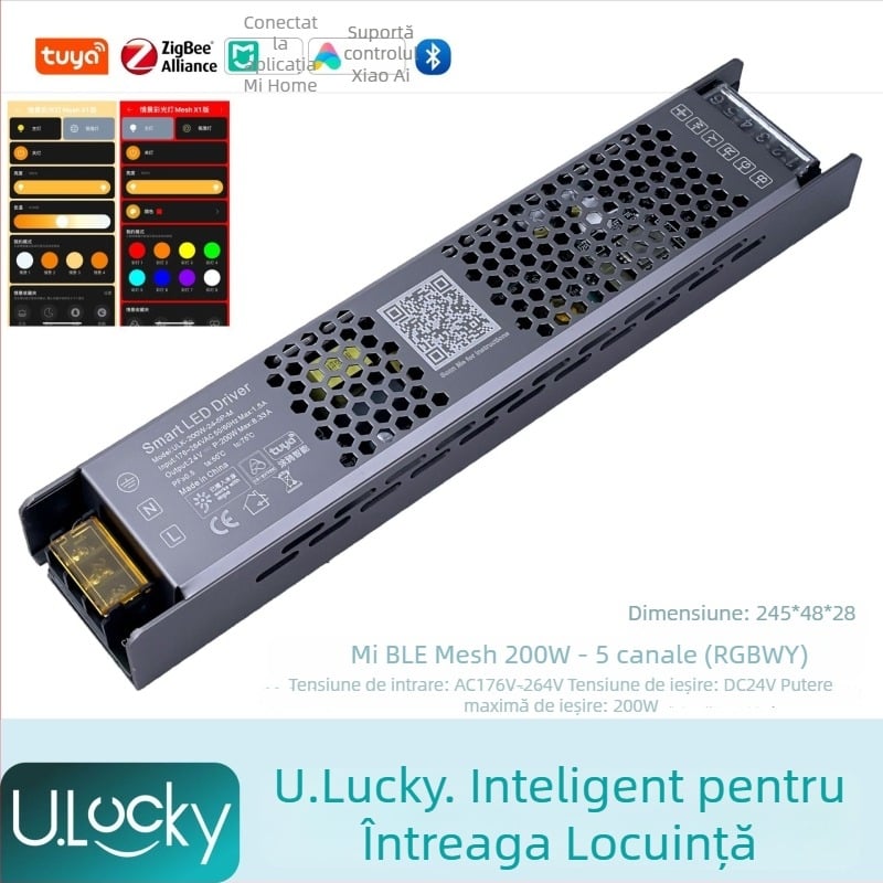 Controler LED pentru bandă cu 2 canale, transformator integrat de 220V și sursă de alimentare cu comutare, control prin aplicație