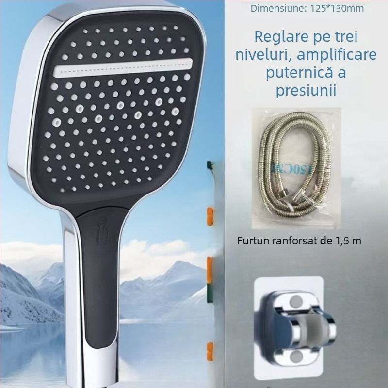 Set de duș cu cap de tip cascadă pătrat, fix în partea superioară și duș cu mâner, reglaj în trei trepte, ABS