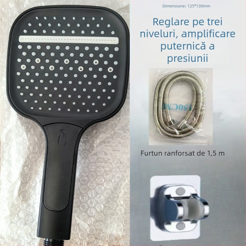 Set de duș cu cap de tip cascadă pătrat, fix în partea superioară și duș cu mâner, reglaj în trei trepte, ABS