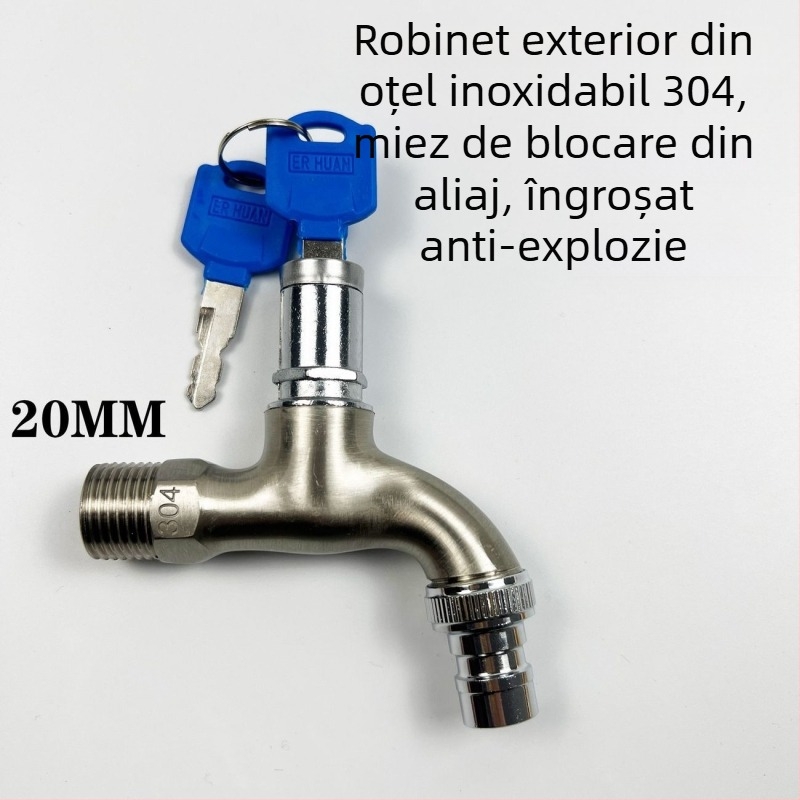 Robinet din oțel inoxidabil 304 cu lacăt și cheie – montat pe perete, exterior, apă rece pentru chiuveta mop și mașina de spălat