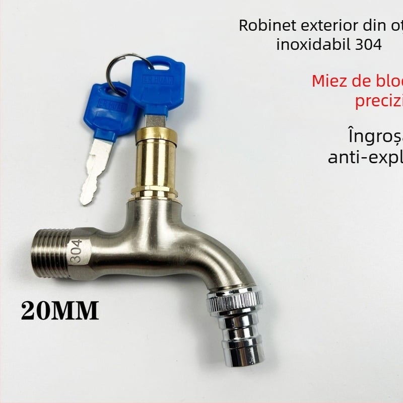 Robinet din oțel inoxidabil 304 cu lacăt și cheie – montat pe perete, exterior, apă rece pentru chiuveta mop și mașina de spălat