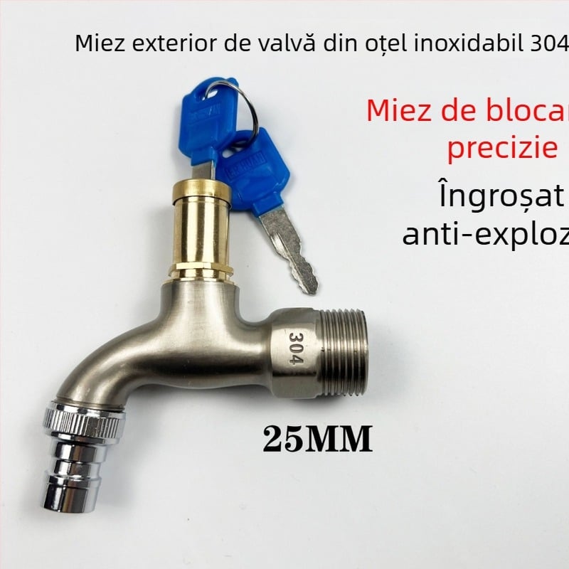 Robinet din oțel inoxidabil 304 cu lacăt și cheie – montat pe perete, exterior, apă rece pentru chiuveta mop și mașina de spălat