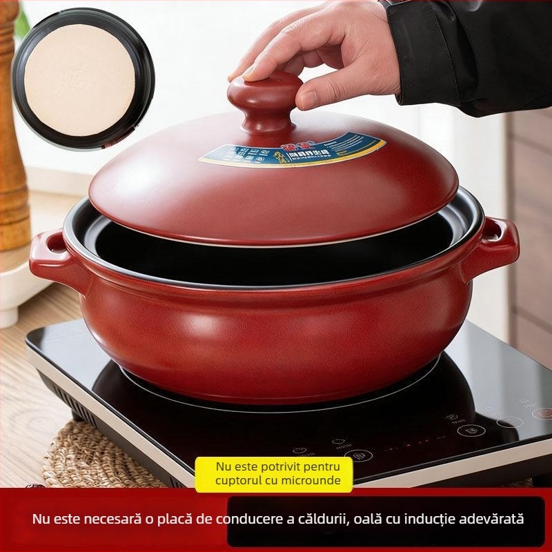 Oală ceramică pentru gătit, compatibilă cu inducția, plită ceramică electrică și plită pe gaz; rezistentă la temperaturi; capacitate 3.1–5 L