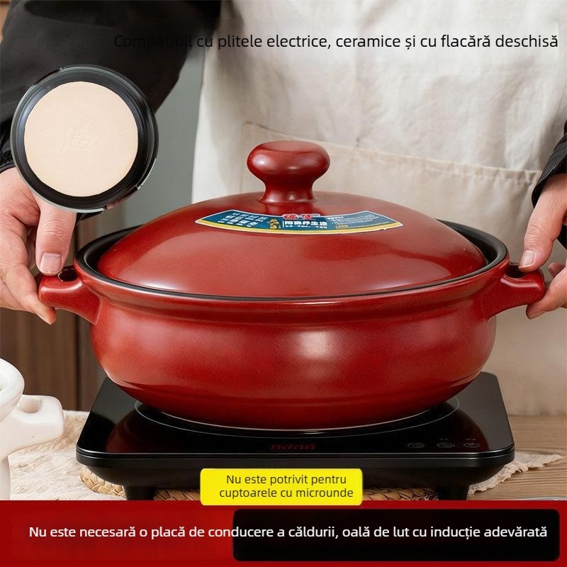 Oală ceramică pentru gătit, compatibilă cu inducția, plită ceramică electrică și plită pe gaz; rezistentă la temperaturi; capacitate 3.1–5 L