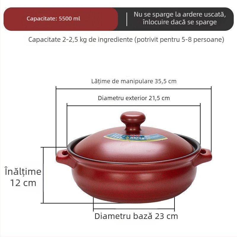 Oală ceramică pentru gătit, compatibilă cu inducția, plită ceramică electrică și plită pe gaz; rezistentă la temperaturi; capacitate 3.1–5 L