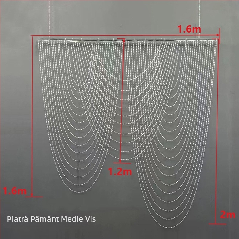 Draperie în valuri cu lanț de perle pentru nunți — fundal arc pentru sală de nuntă în stil coreean, cer senin cu nori plutitori și apă curgătoare pe tavan