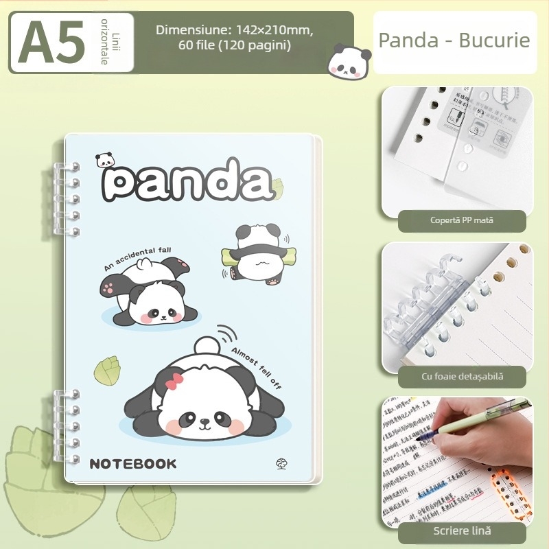 Caiet cu foi detașabile, design panda, elegant și durabil, copertă mată din PP, jurnal, format A5, 60 de foi