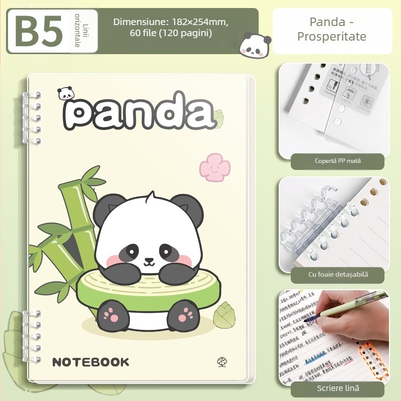 Caiet cu foi detașabile, design panda, elegant și durabil, copertă mată din PP, jurnal, format A5, 60 de foi