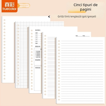 True Color B5 refil pentru carnet cu pagini detașabile A5, liniate, goale și cu grilă pentru limba engleză
