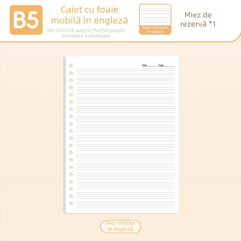 True Color B5 refil pentru carnet cu pagini detașabile A5, liniate, goale și cu grilă pentru limba engleză