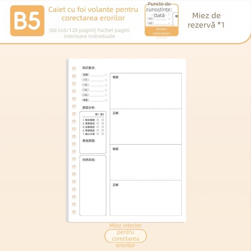 True Color B5 refil pentru carnet cu pagini detașabile A5, liniate, goale și cu grilă pentru limba engleză