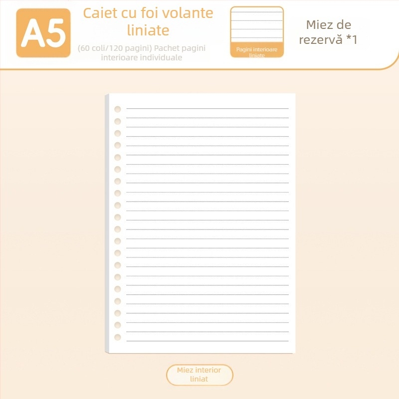 True Color B5 refil pentru carnet cu pagini detașabile A5, liniate, goale și cu grilă pentru limba engleză