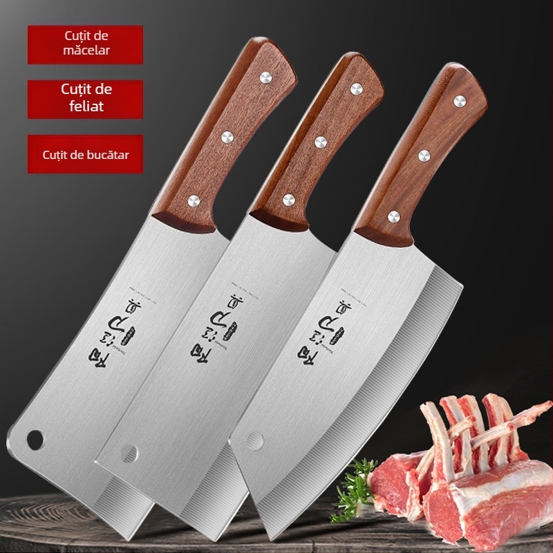 Set de cuțite de bucătărie din oțel inoxidabil — cuțit bucătar, cuțit pentru carne și oase, cuțit mic de decojit pentru uz casnic