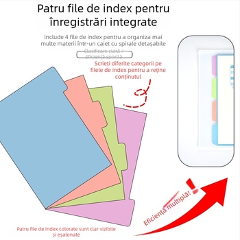 Caiet cu foi detașabile, pagini cu index, copertă moale, capacitate mare pentru notițe ale elevilor (format A5, 60 de foi)