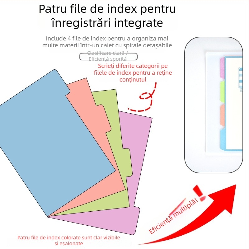 Caiet cu foi detașabile, pagini cu index, copertă moale, capacitate mare pentru notițe ale elevilor (format A5, 60 de foi)
