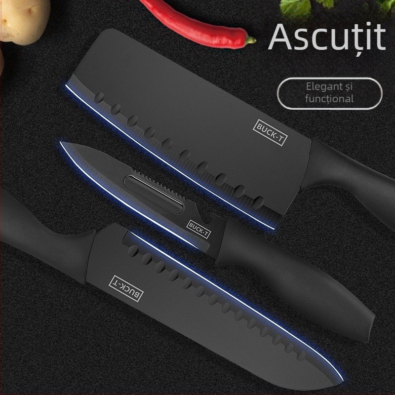 Set de cuțite din oțel inoxidabil, șapte piese, pentru uz casnic, cu suport pentru cuțite și tocător – stil bucătărie retro