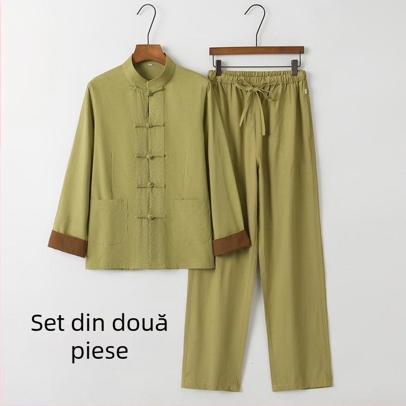 Top Hanfu pentru femei, stil chinezesc – model retro Tang cu guler înalt și nasturi împletiți, mâneci lungi, ținuta Zen pentru ceai
