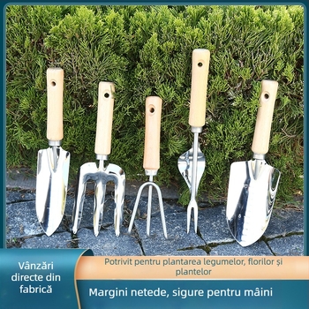 Set de unelte de grădină din oțel inoxidabil cu mâner din lemn, cinci piese: lopată, furcă pentru afânare, greblă cu trei dinți
