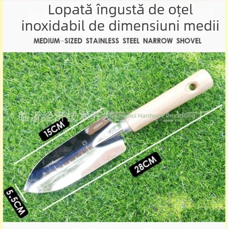 Set de unelte de grădină din oțel inoxidabil cu mâner din lemn, cinci piese: lopată, furcă pentru afânare, greblă cu trei dinți