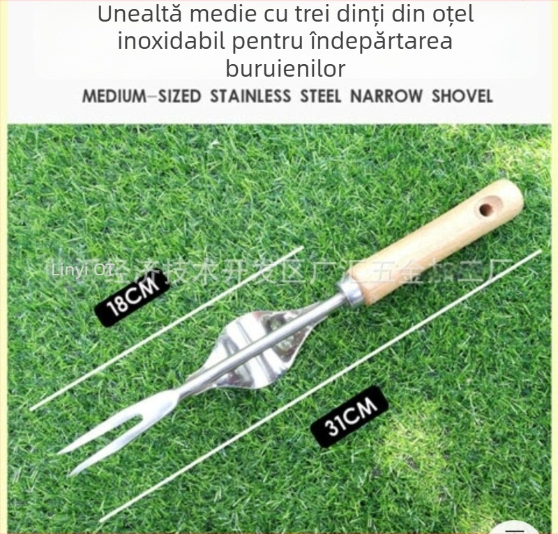Set de unelte de grădină din oțel inoxidabil cu mâner din lemn, cinci piese: lopată, furcă pentru afânare, greblă cu trei dinți