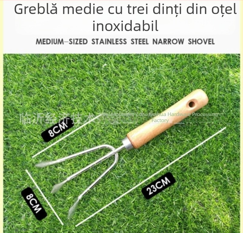 Set de unelte de grădină din oțel inoxidabil cu mâner din lemn, cinci piese: lopată, furcă pentru afânare, greblă cu trei dinți