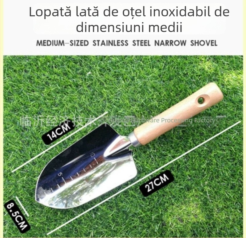 Set de unelte de grădină din oțel inoxidabil cu mâner din lemn, cinci piese: lopată, furcă pentru afânare, greblă cu trei dinți