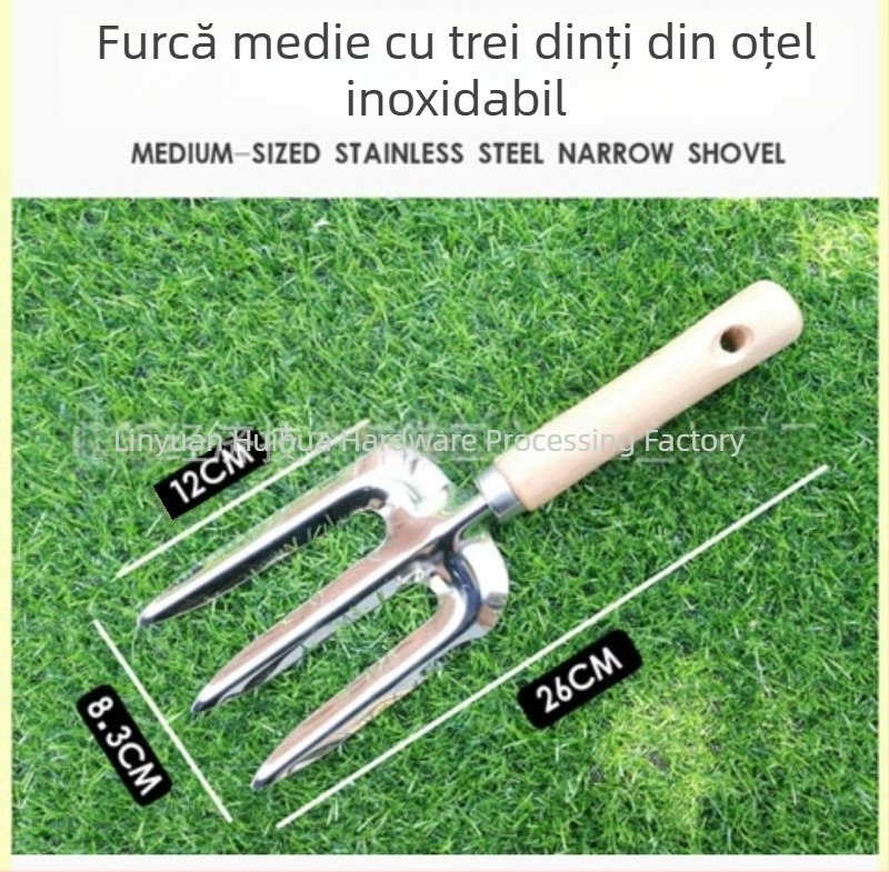 Set de unelte de grădină din oțel inoxidabil cu mâner din lemn, cinci piese: lopată, furcă pentru afânare, greblă cu trei dinți