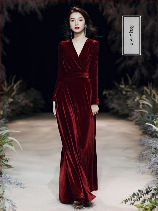 Rochie de seară din catifea pentru femei, 2025 model nou, neagră, lungă, în croială A, talie înaltă, plus size, lux ușor