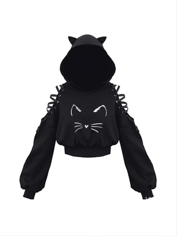 KOBPT Bluza din fleece pentru femei 2024, imprimeu pisică cu urechi, negru-alb, mâneci lungi, buric la vedere, stil anime japonez, casual street dance