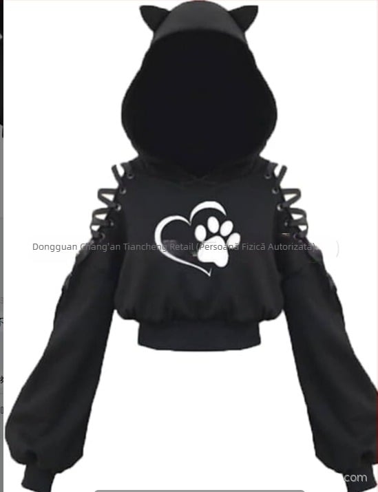KOBPT Bluza din fleece pentru femei 2024, imprimeu pisică cu urechi, negru-alb, mâneci lungi, buric la vedere, stil anime japonez, casual street dance