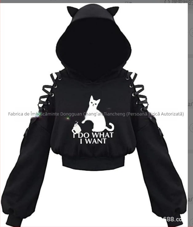 KOBPT Bluza din fleece pentru femei 2024, imprimeu pisică cu urechi, negru-alb, mâneci lungi, buric la vedere, stil anime japonez, casual street dance