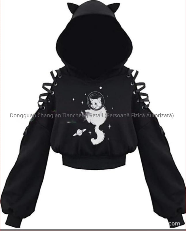 KOBPT Bluza din fleece pentru femei 2024, imprimeu pisică cu urechi, negru-alb, mâneci lungi, buric la vedere, stil anime japonez, casual street dance