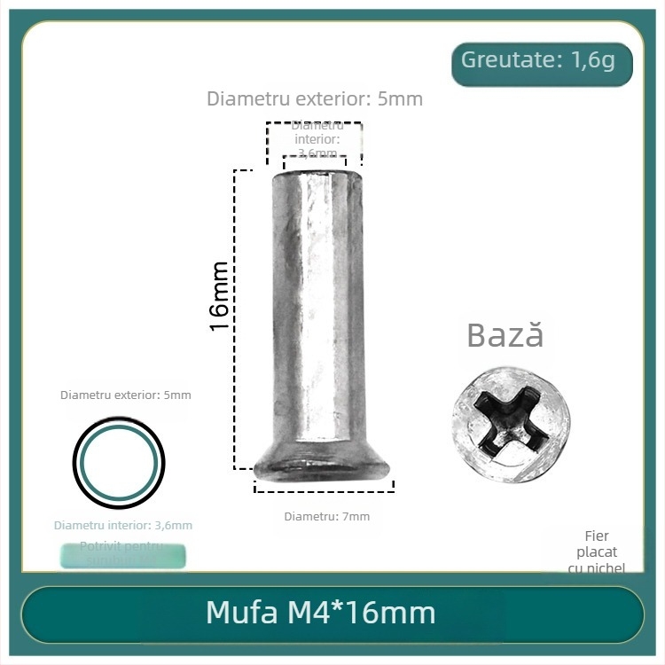 Set de șuruburi și piulițe pentru mânerul de încuietoare al ușii, oțel nichelat, 6×6, țeavă filet extins, conector cu articulație dublă