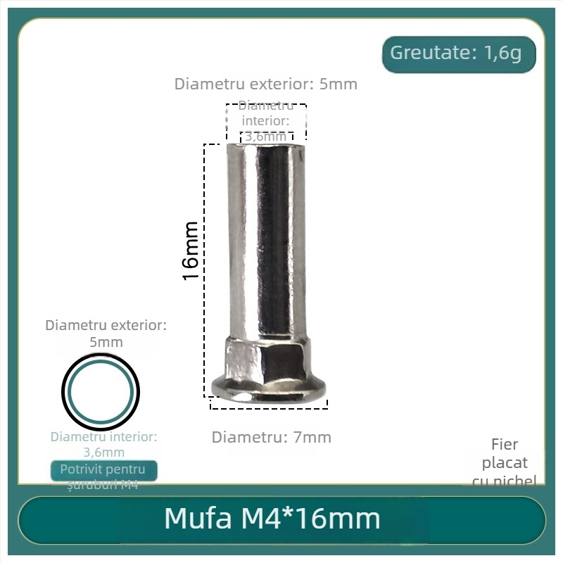 Set de șuruburi și piulițe pentru mânerul de încuietoare al ușii, oțel nichelat, 6×6, țeavă filet extins, conector cu articulație dublă