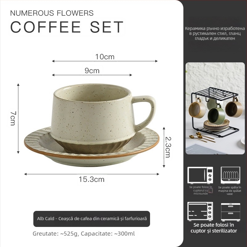 Cană de cafea din ceramică, stil retro, cu farfurioară – set elegant pentru uz personal