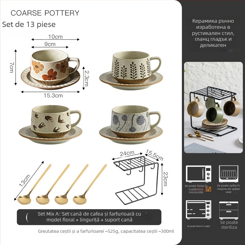 Cană de cafea din ceramică, stil retro, cu farfurioară – set elegant pentru uz personal