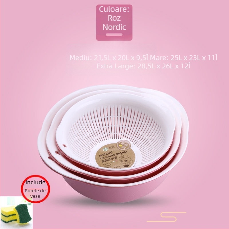Coș dublu strat pentru scurgere, bazin din plastic pentru fructe, bucătărie