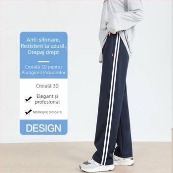 Pantaloni pentru uniformă școlară cu fleece, bleumarin, cu o dungă, unisex, croială dreaptă lejeră, pentru elevi de la gimnaziu până la liceu