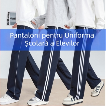 Pantaloni pentru uniformă școlară cu fleece, bleumarin, cu o dungă, unisex, croială dreaptă lejeră, pentru elevi de la gimnaziu până la liceu