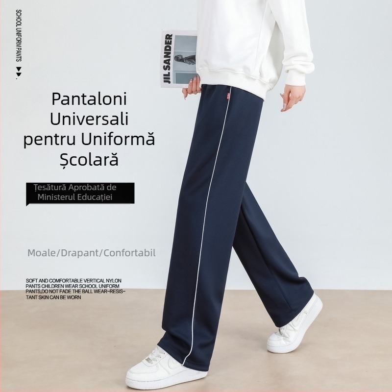 Pantaloni pentru uniformă școlară cu fleece, bleumarin, cu o dungă, unisex, croială dreaptă lejeră, pentru elevi de la gimnaziu până la liceu